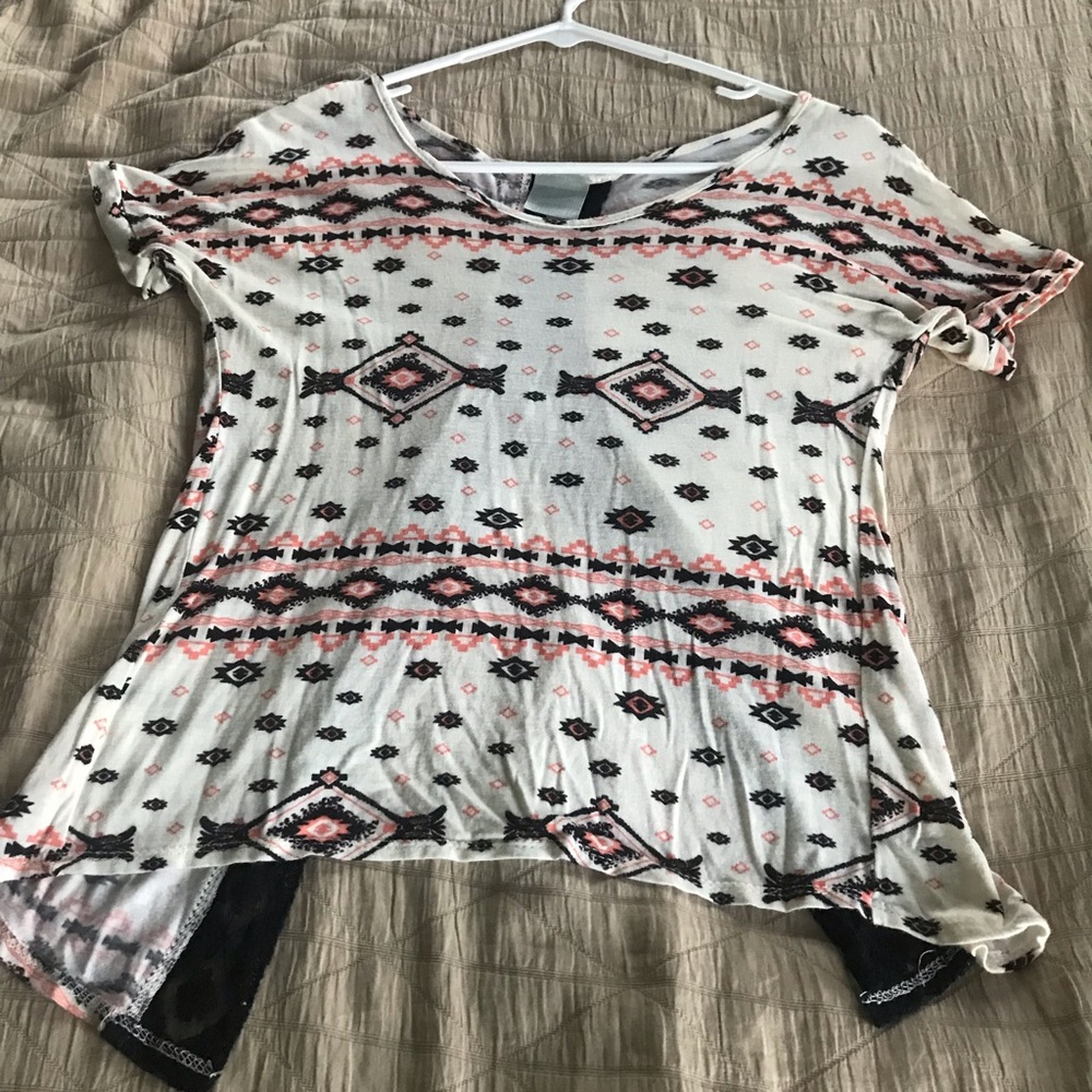 Aztec print top in cream, black, coral